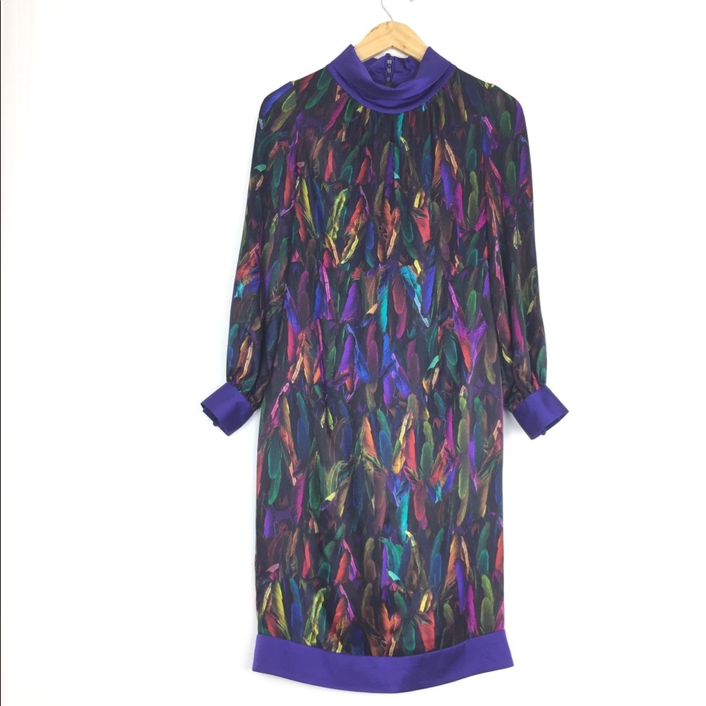 Rainbow Feather Print Silk Long Sleeve Dress